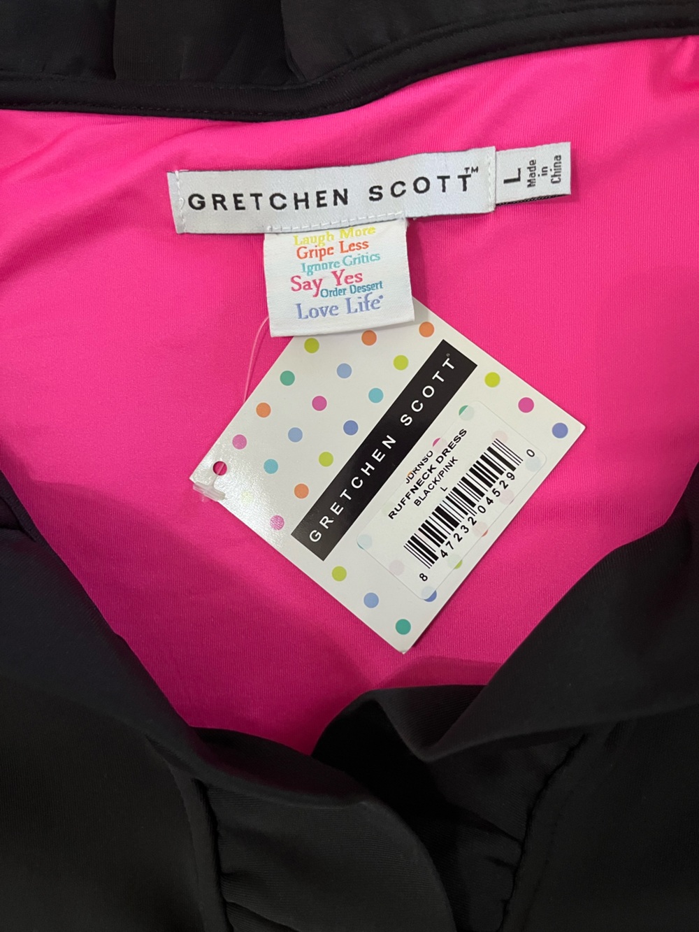 Gretchen Scott Black & Pink Ruffle Neck Jersey Dress - Size Large NWT - Picture 12 of 13